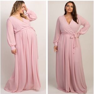 Pink Blush Long Sleeve Pleated Plus Maternity Maxi Dress